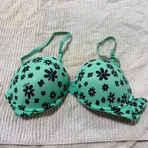 Victoria's Secret PINK Push Up Bra 36B Mint Green Black Daisy Floral Print